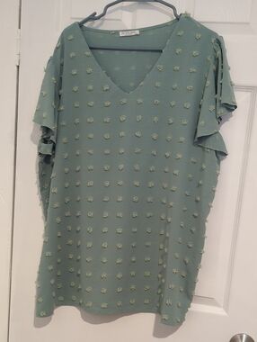V-Neck Textured Dot Midi Top — Sage Green